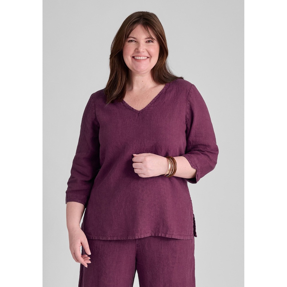 FLAX 100% Linen V-Neck Tunic Top Mulberry 3/4 Sleeve Size Large